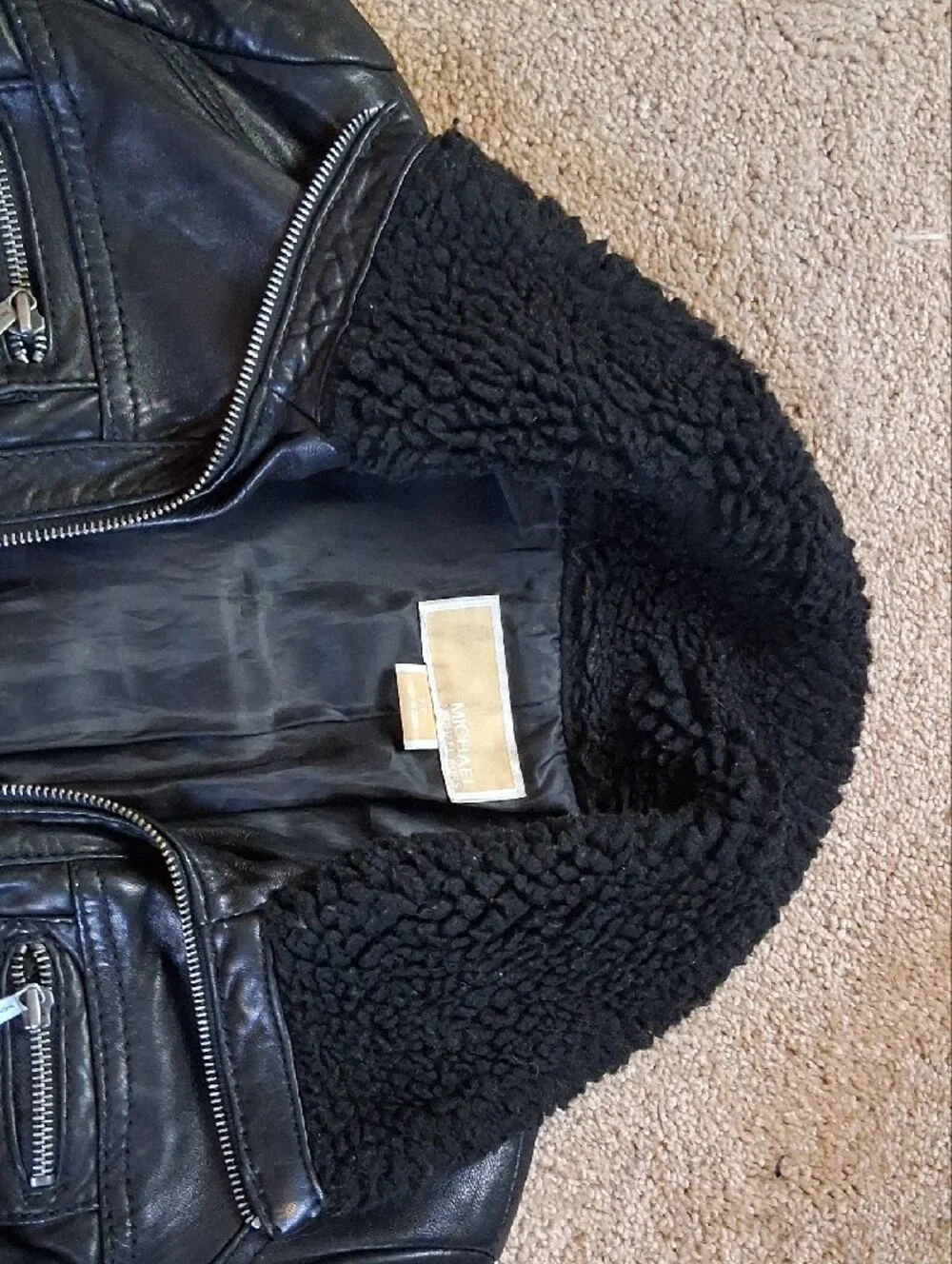 Michael Kors Black Leather Jacket with Sherpa Collar